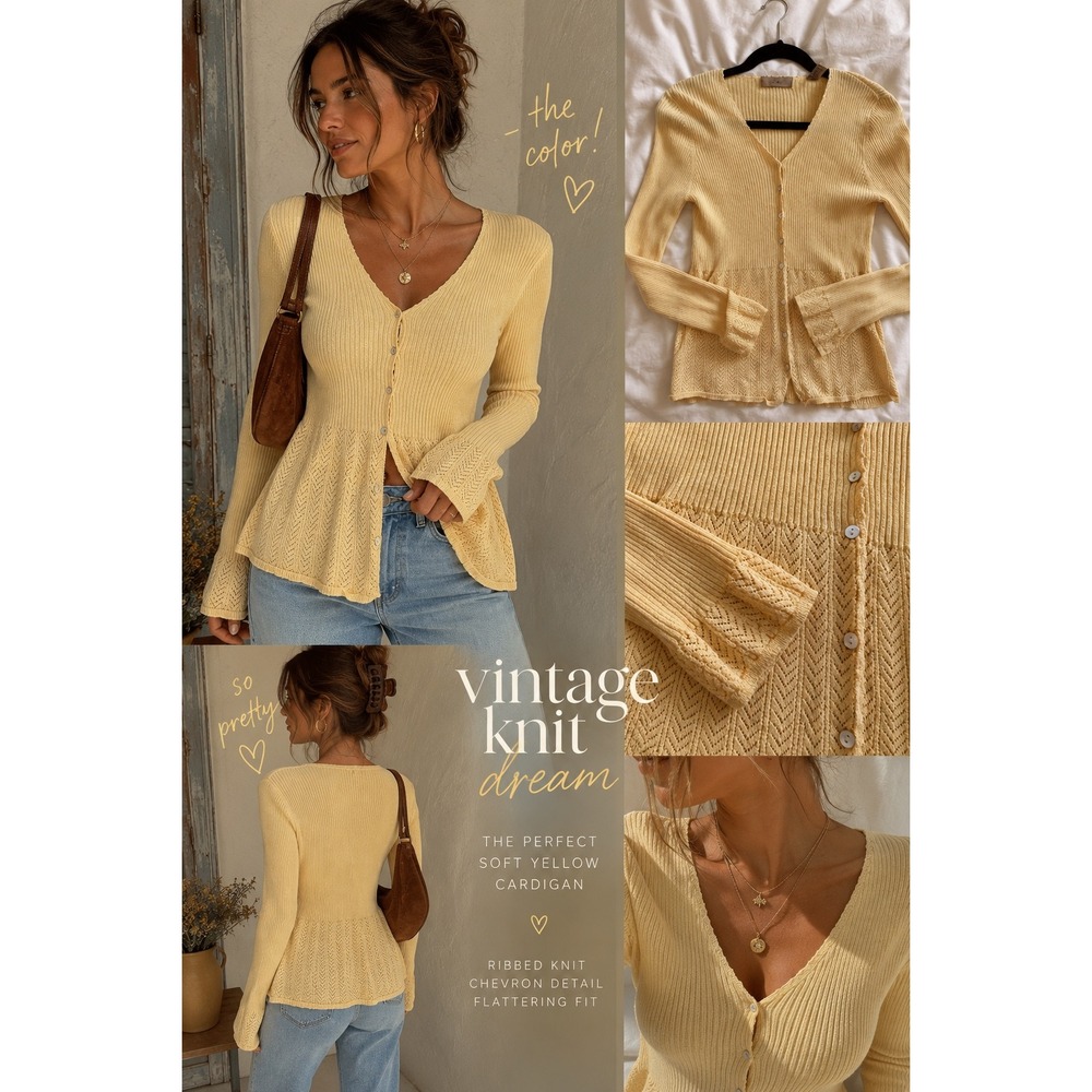 I.E. Butter Yellow Cardigan Pointelle Bell Sleeve Romantic Coquette Y2K S